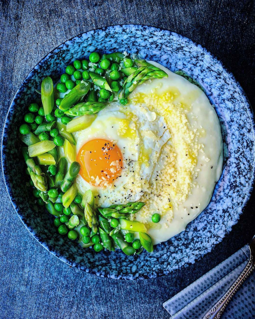 Recipes: Truffle oil infused mashed potatoes, sunny side up egg and sauté English peas and asparagus